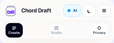 The top bar keeps Create, Studio, Privacy, theme, runtime status, guide, and the page menu reachable. Mobile layout.