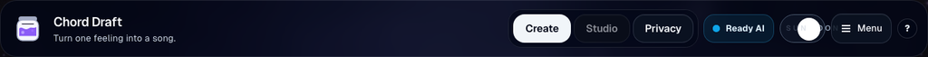 The top bar keeps Create, Studio, Privacy, theme, runtime status, guide, and the page menu reachable. Dark theme.