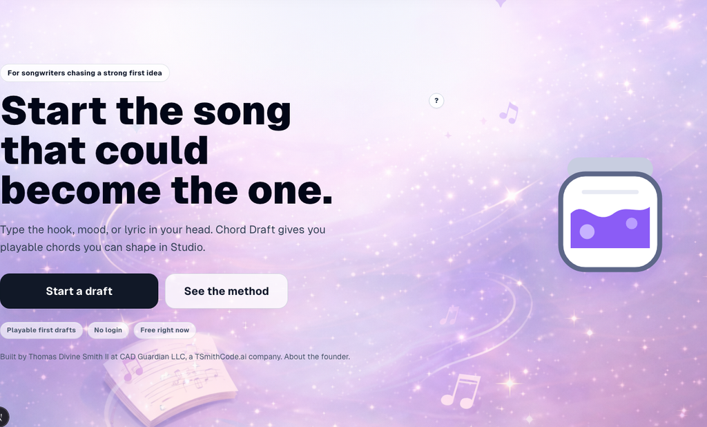 The home hero explains the songwriter promise and sends users to Create.