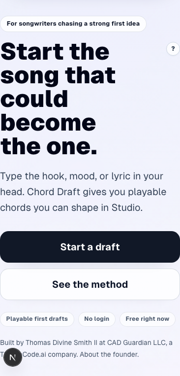The home hero explains the songwriter promise and sends users to Create. Mobile layout.