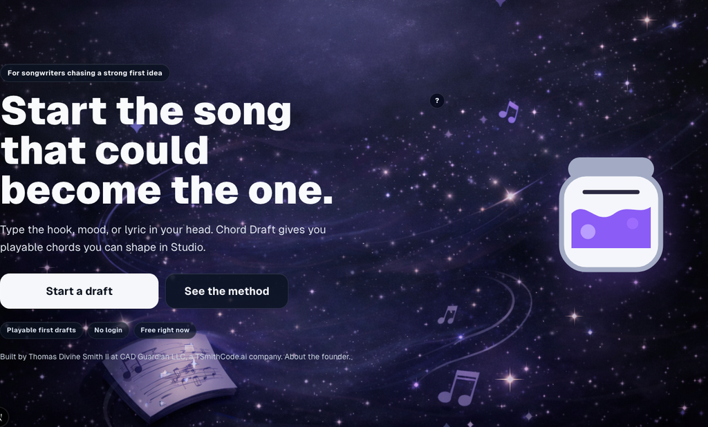 The home hero explains the songwriter promise and sends users to Create. Dark theme.