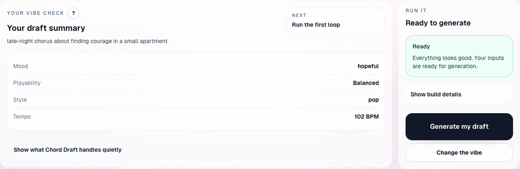 Review shows the draft configuration before you spend a generation.