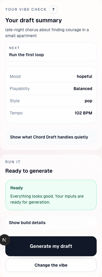 Review shows the draft configuration before you spend a generation. Mobile layout.