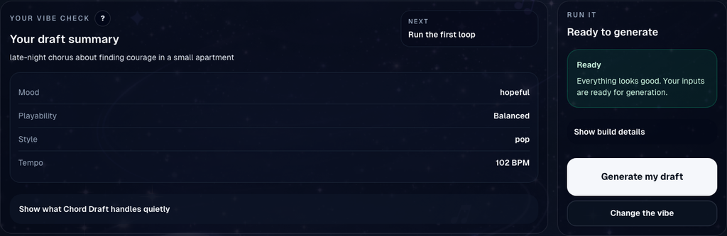 Review shows the draft configuration before you spend a generation. Dark theme.