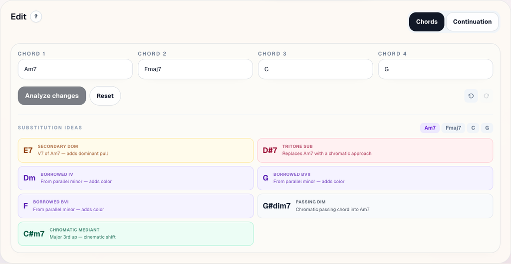 Change lets you revise chord choices or create a continuation from the current jam.