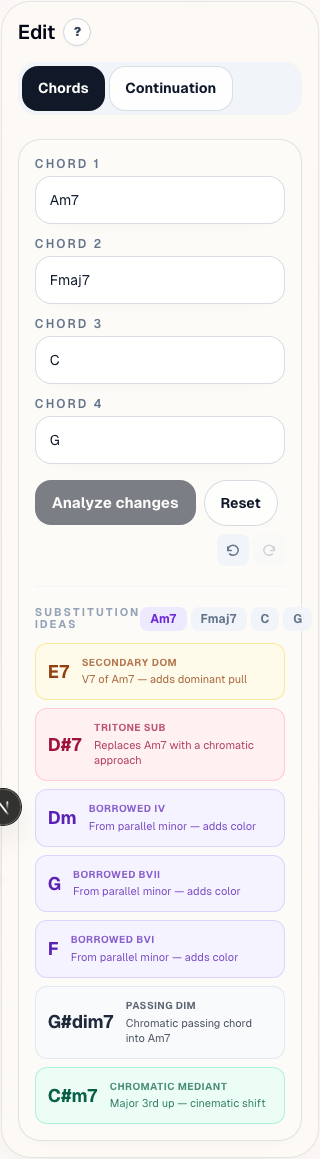 Change lets you revise chord choices or create a continuation from the current jam. Mobile layout.