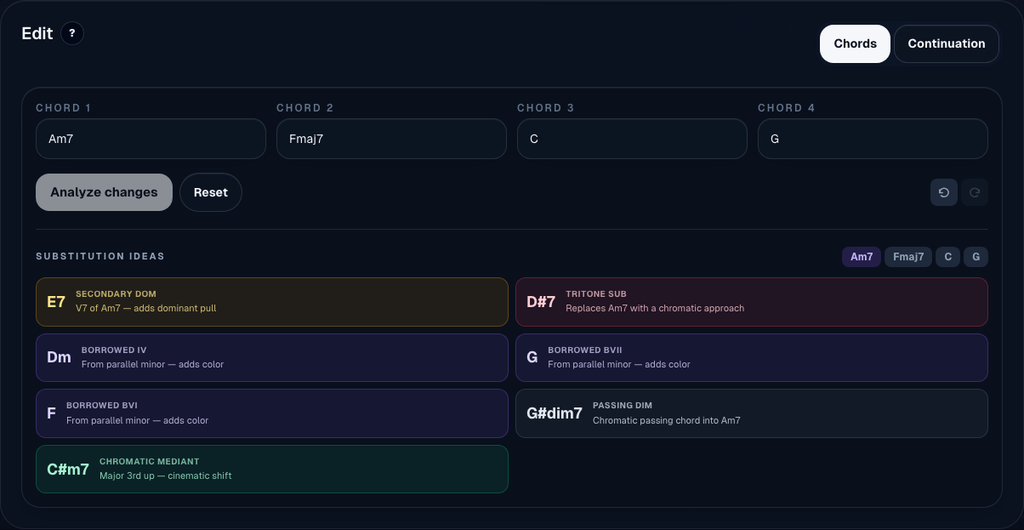 Change lets you revise chord choices or create a continuation from the current jam. Dark theme.