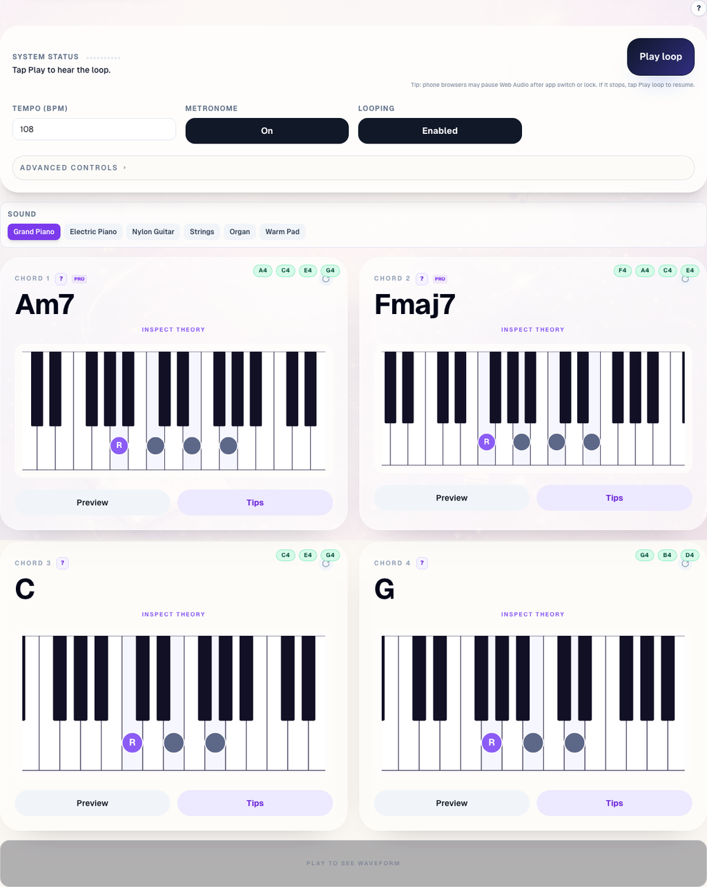 Listen handles playback, sound selection, chord inspection, and waveform feedback.