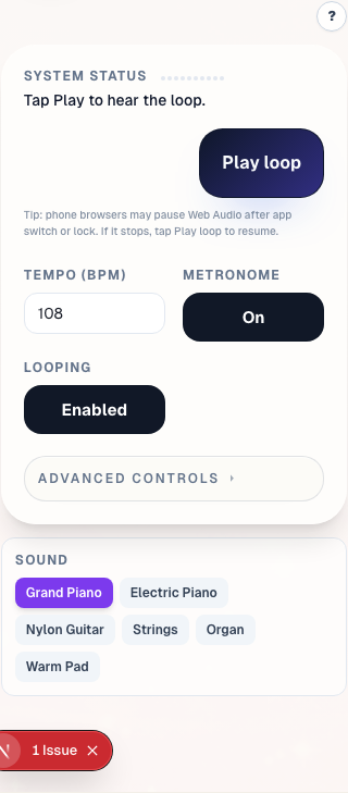Listen handles playback, sound selection, chord inspection, and waveform feedback. Mobile layout.