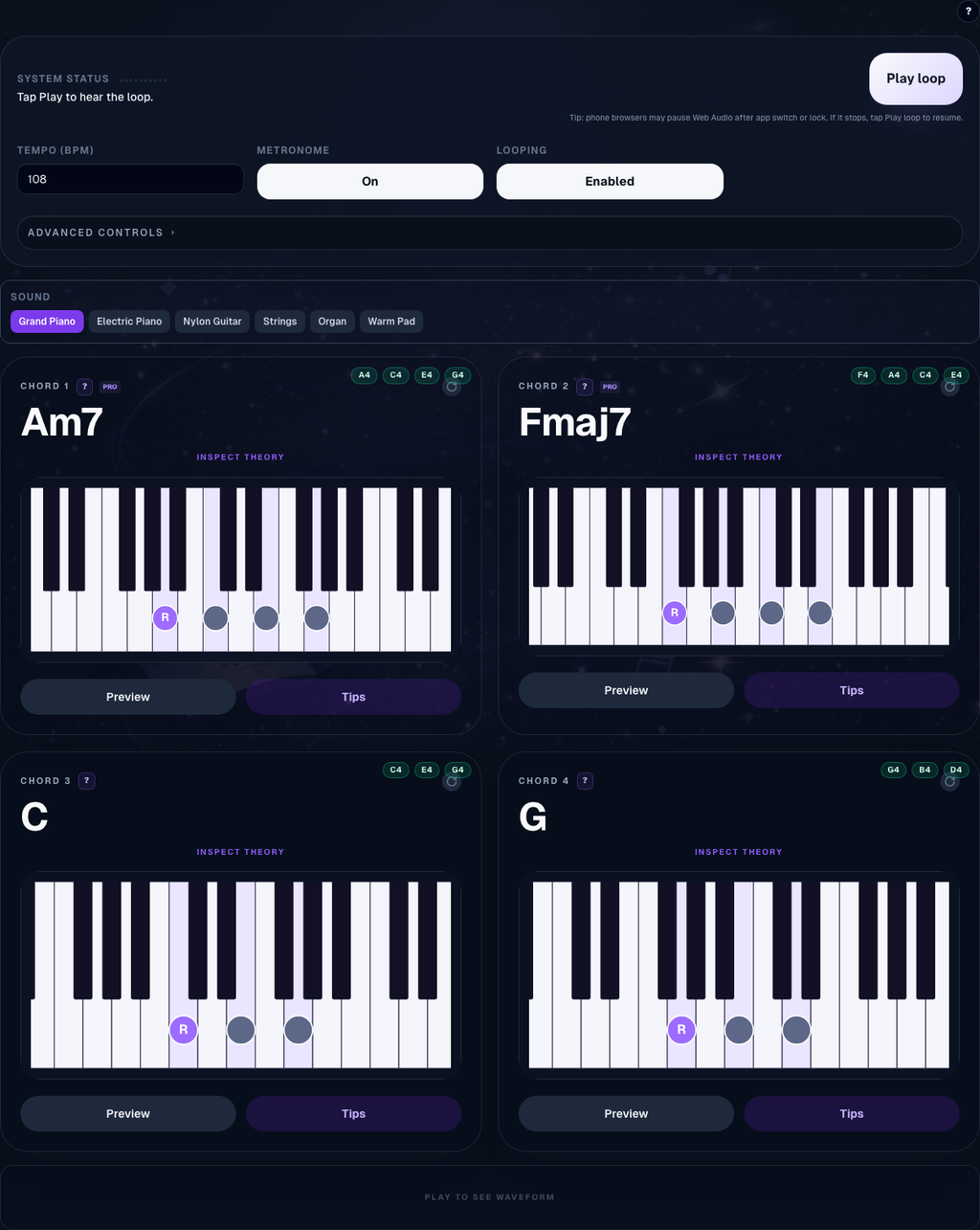 Listen handles playback, sound selection, chord inspection, and waveform feedback. Dark theme.