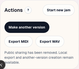 Share is the local action zone for exporting, creating another version, or starting fresh. Mobile layout.