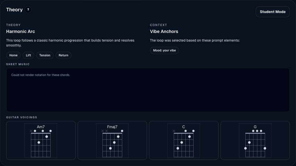 Understand explains the harmonic arc, theory, practice notes, and diagrams. Dark theme.