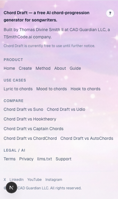 The footer surfaces every public page, legal links, support, social profiles, and founder attribution. Mobile layout.